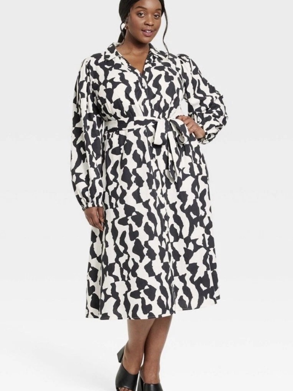 Ava & Viv Black and White Printed Belted Shirt Dress